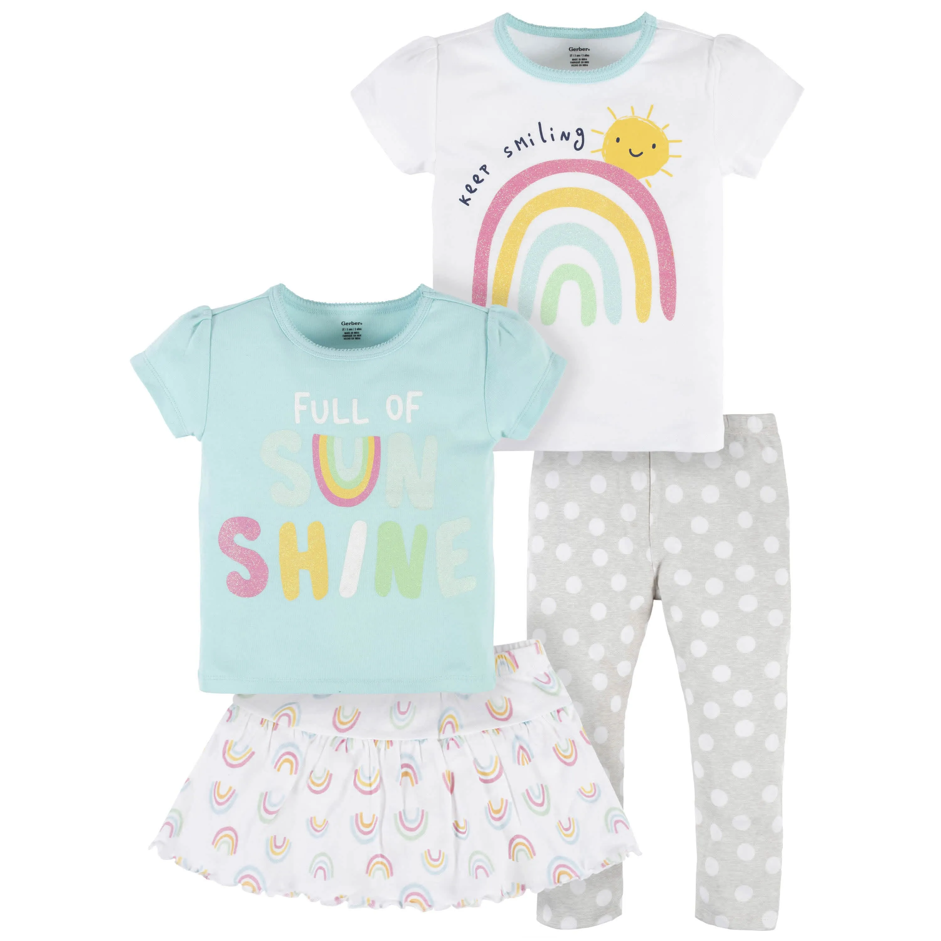 4-Piece Infant & Toddler Girls Dots Of Rainbows Tees, Skort & Pants Set