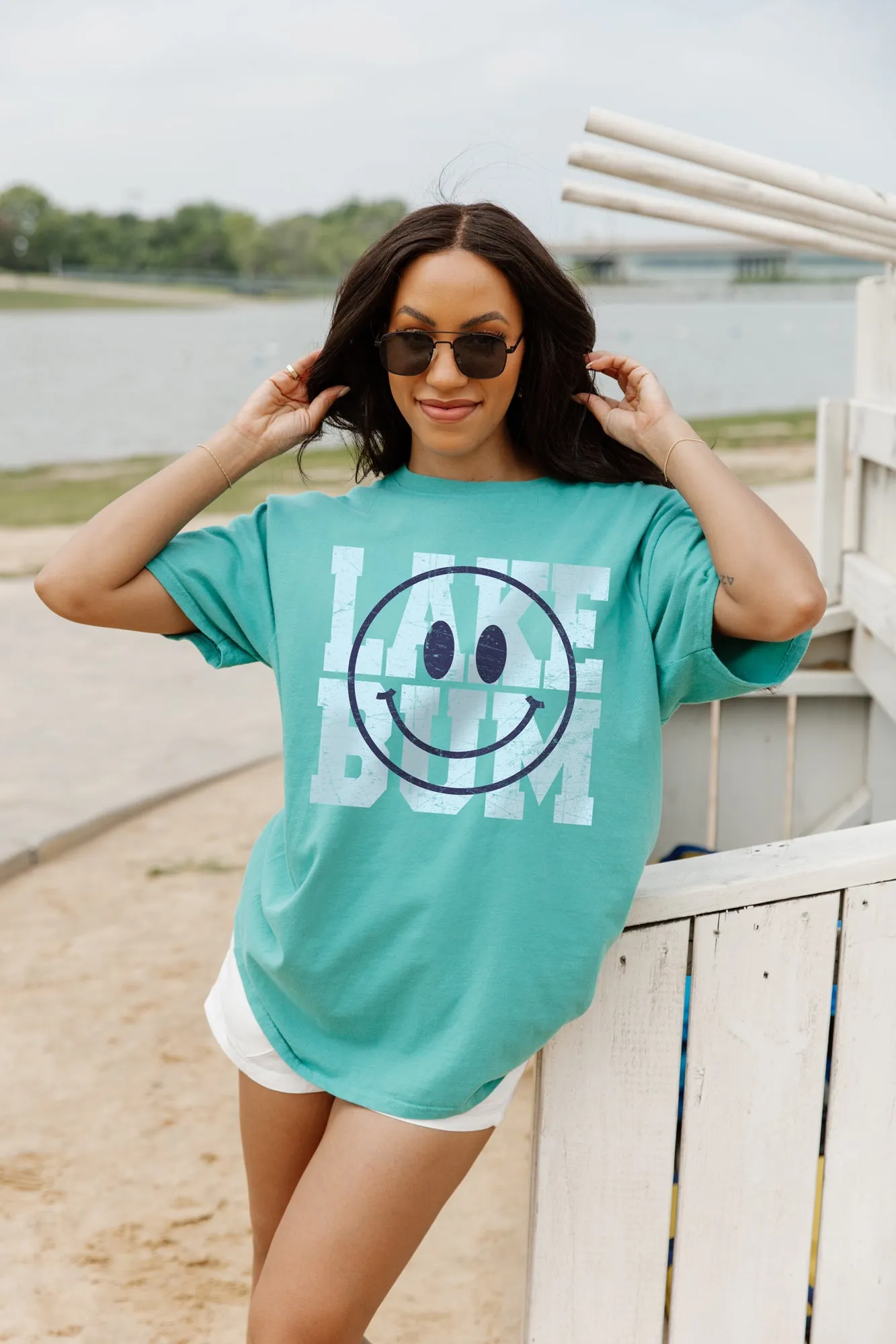 ALL SMILES AT THE LAKE GARMENT DYED BOYFRIEND TEE IN GREEN