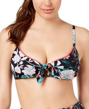 Bar III Floral-Print Tie Front Bralette Bikini Top (Black Floral, S)