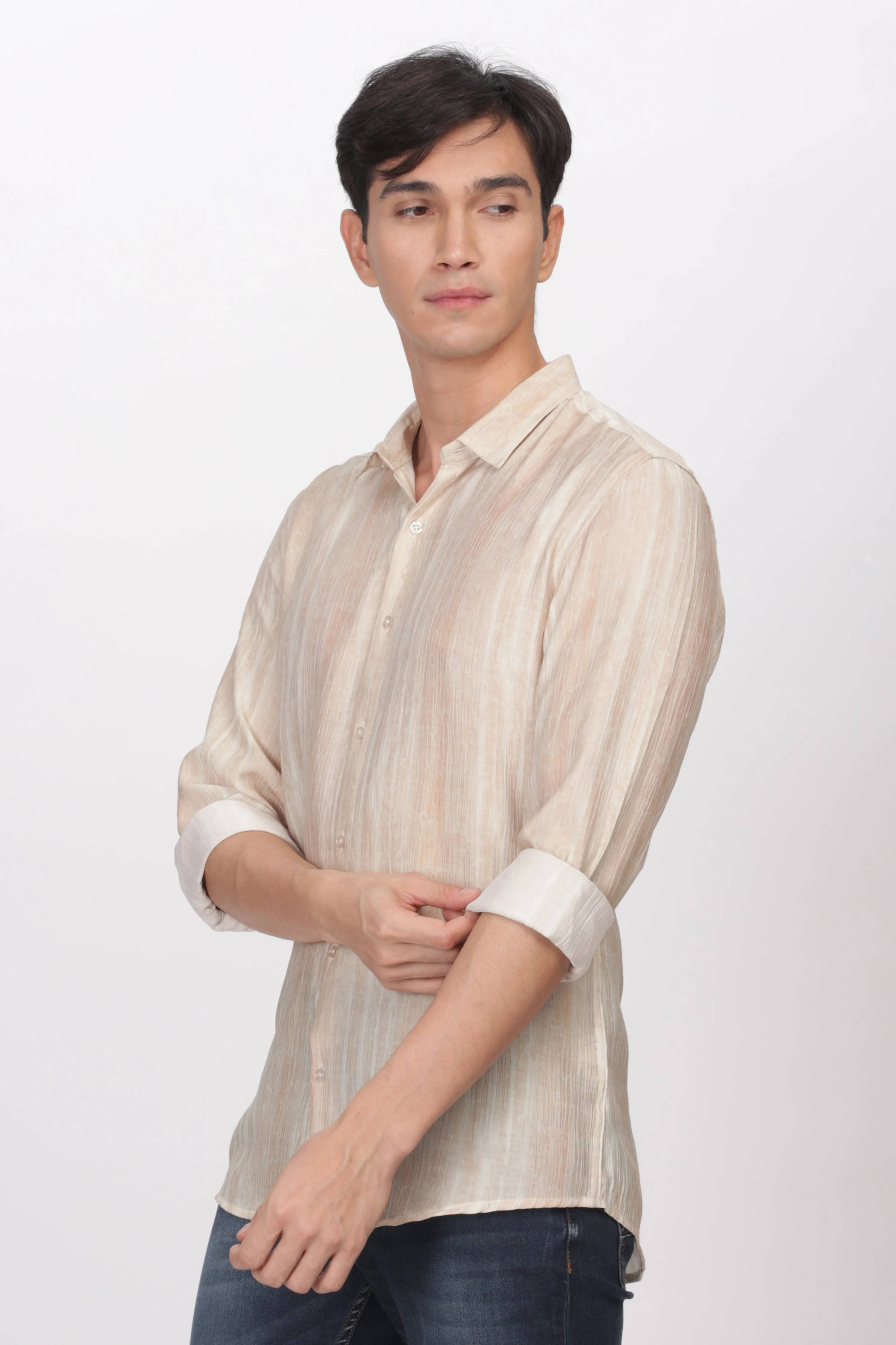 Beige Slim Fit Viscose Beach Wear Shirt