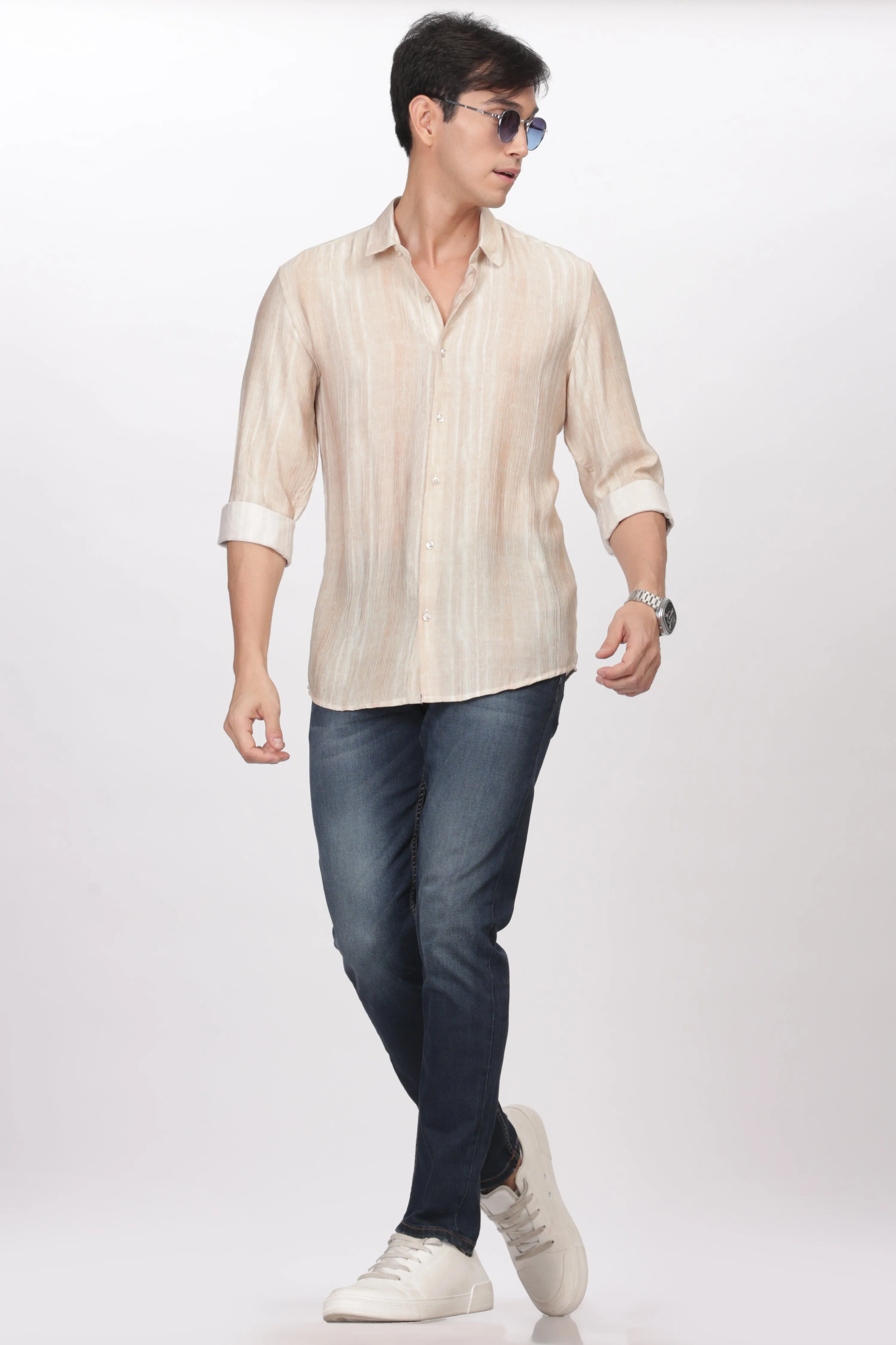 Beige Slim Fit Viscose Beach Wear Shirt