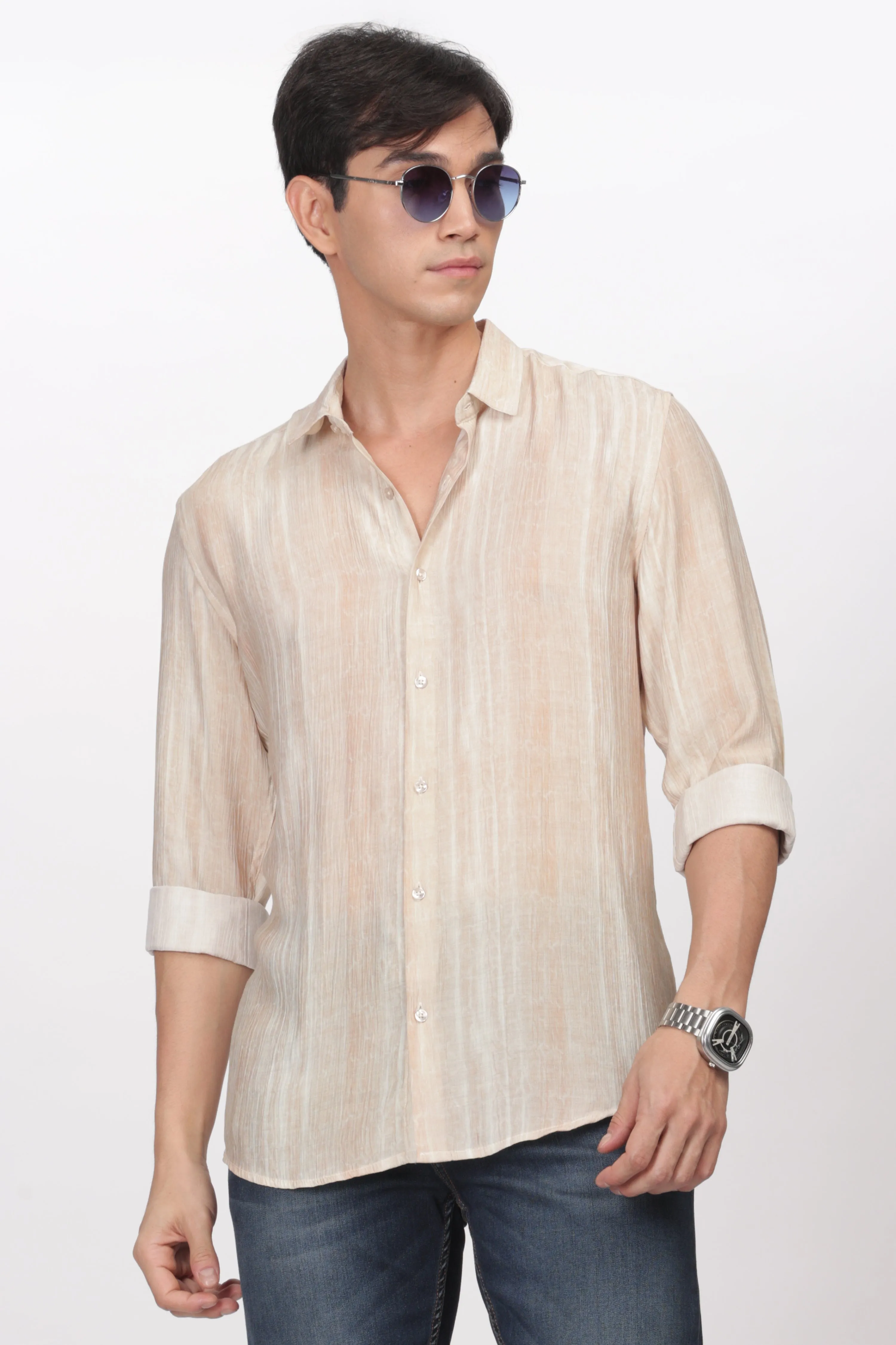 Beige Slim Fit Viscose Beach Wear Shirt