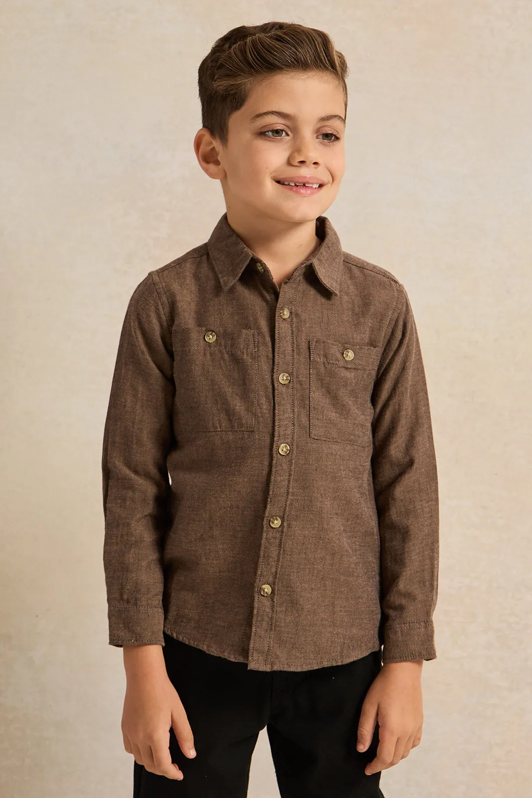 Boys Brown Long Sleeve Flannel Shirt