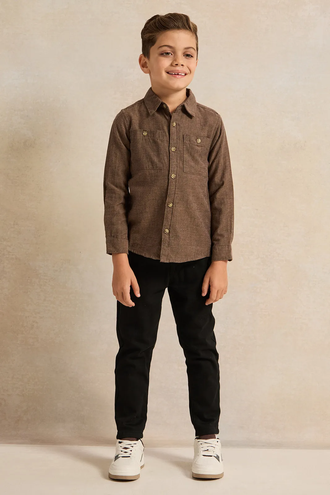 Boys Brown Long Sleeve Flannel Shirt