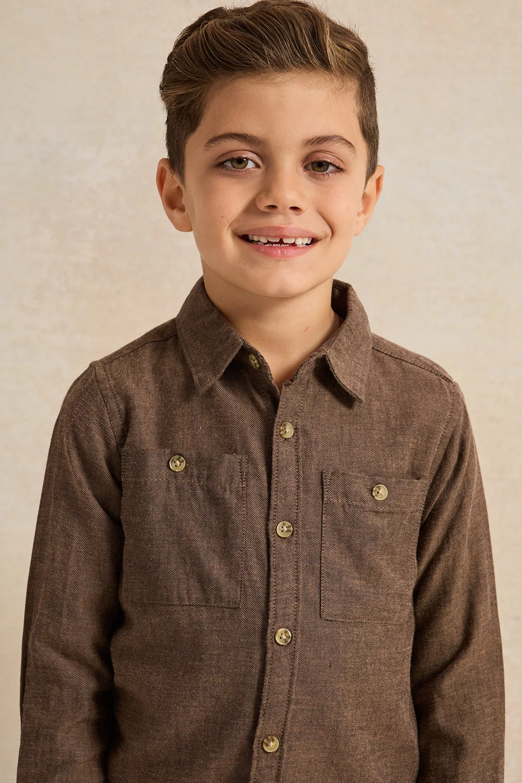 Boys Brown Long Sleeve Flannel Shirt