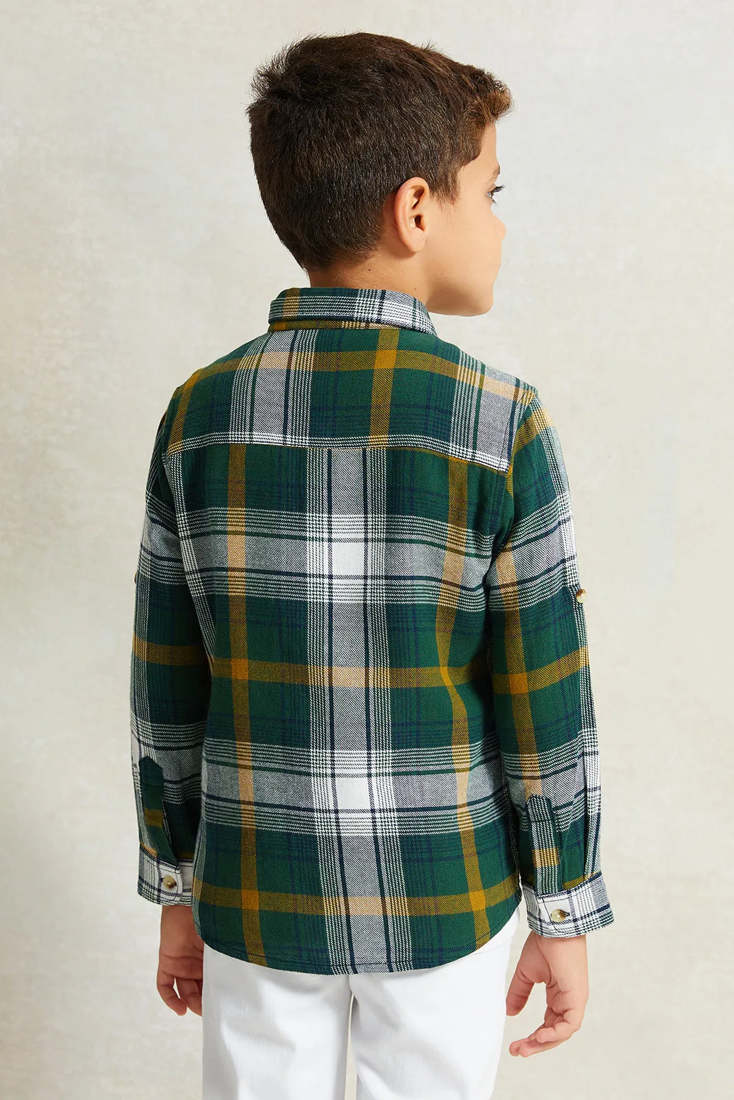 Boys Green And White Check Long Sleeve Shirt With T-Shirt Set