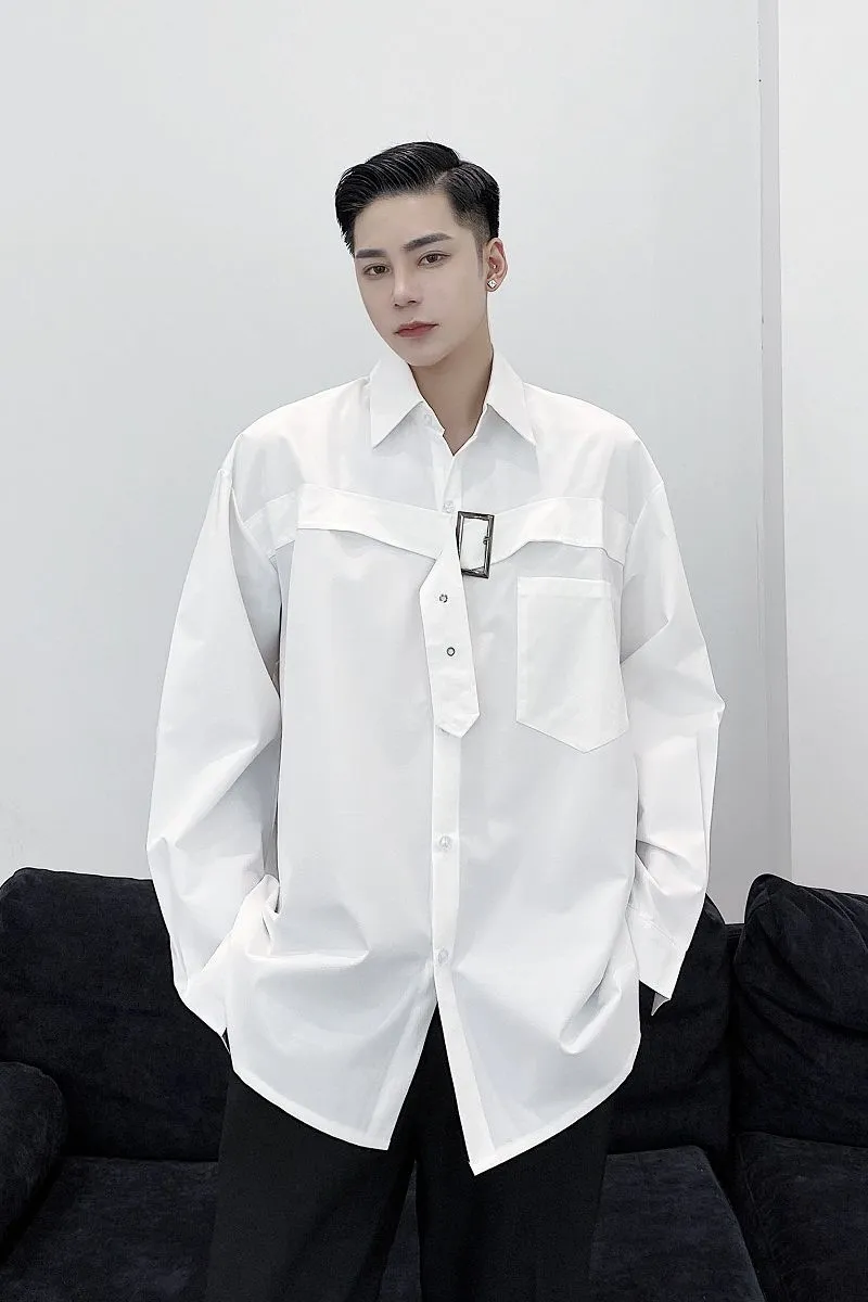 Chest Buckle Style Solid Oversized Shirts