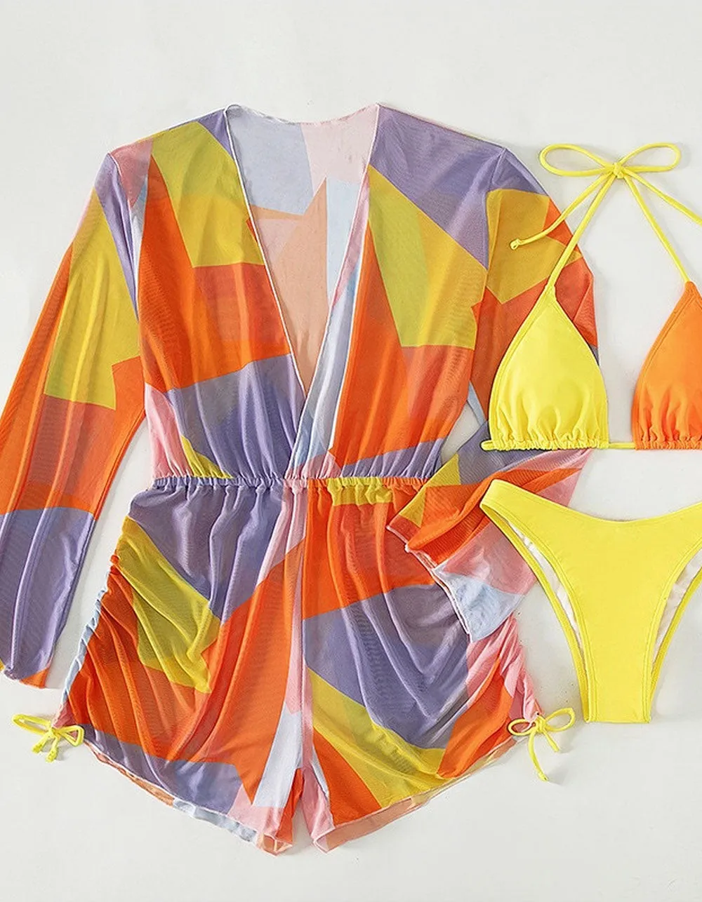 ColorBlock Printed 4-Piece Cover Up Bikini Swimwear Sets