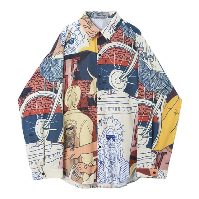 Colourful Printing British Style Loose Style Men Long Sleeves Shirt