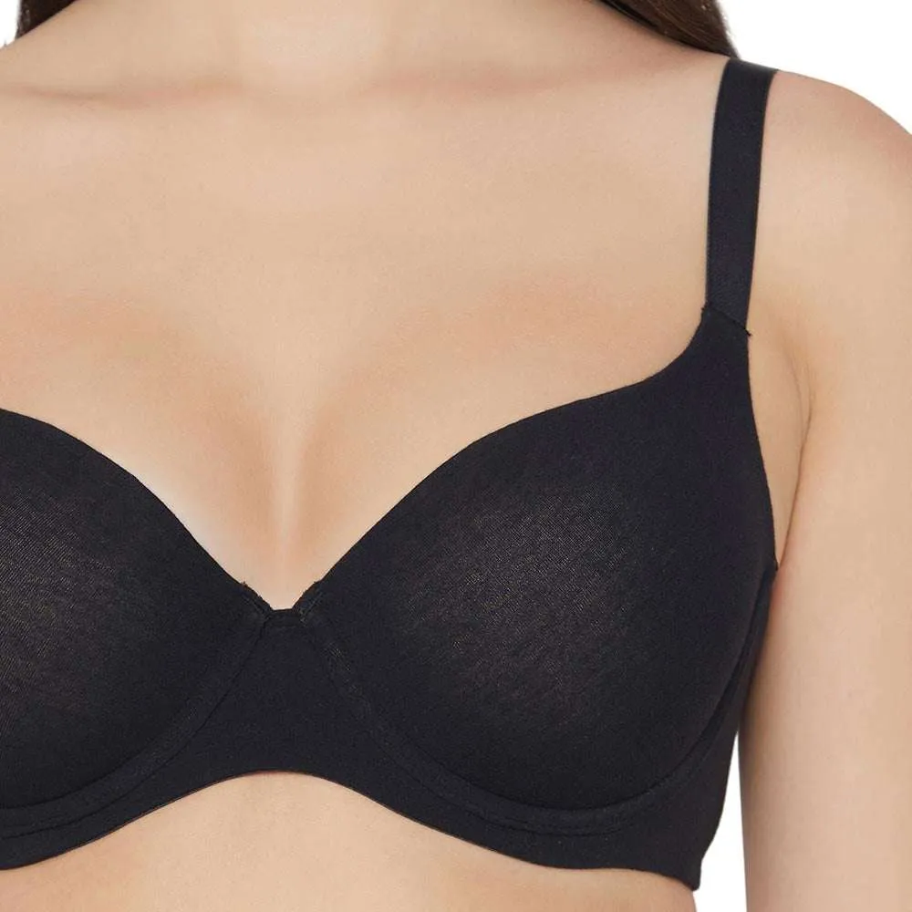 Essentials Padded Wired 3/4th Cup Everyday Wear Cotton Blend T-Shirt Bra - Black