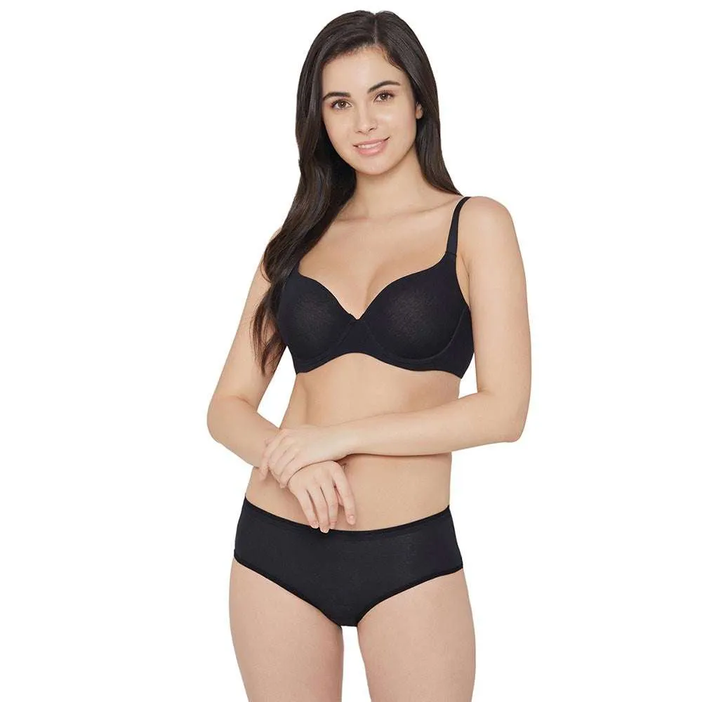 Essentials Padded Wired 3/4th Cup Everyday Wear Cotton Blend T-Shirt Bra - Black