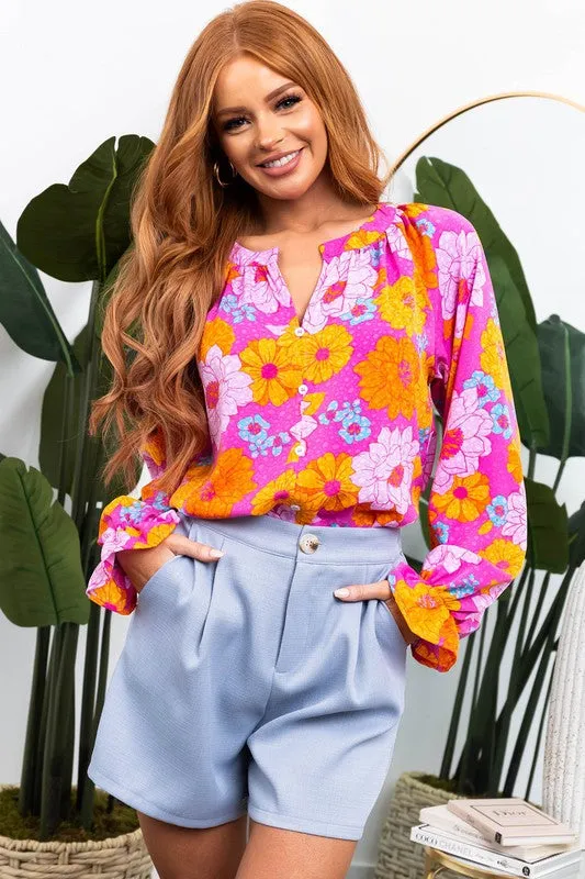 Floral Print Flounce Sleeve Notched Neck Blouse