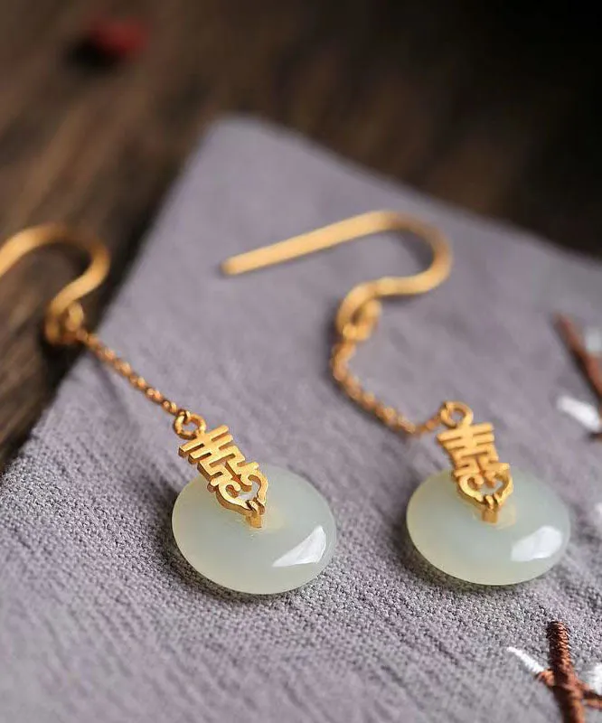 Handmade Chinese Style Jade Patchwork Silver Drop Earrings LY9170