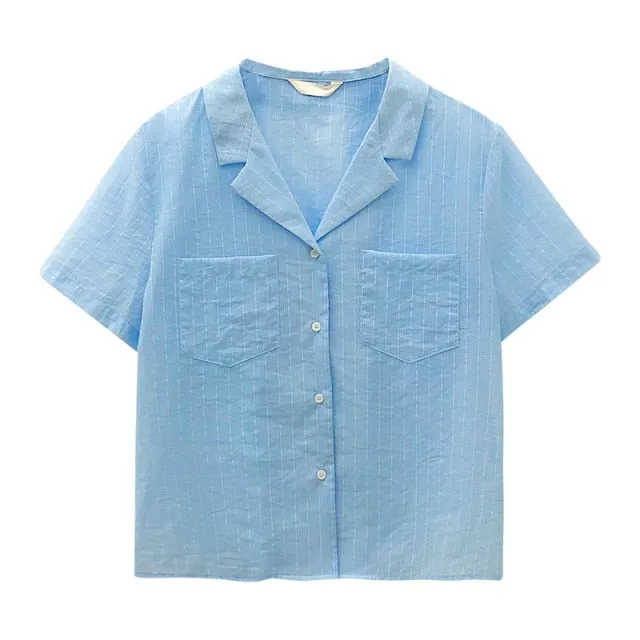 [Korean Style] 4 Colors Notched Collar Striped Shirts w/ Pockets