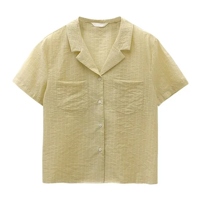 [Korean Style] 4 Colors Notched Collar Striped Shirts w/ Pockets