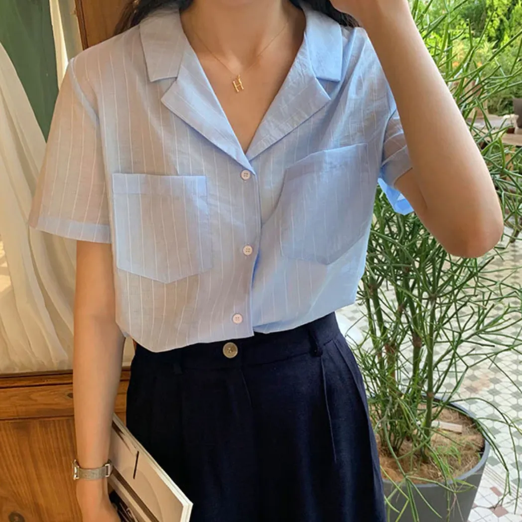 [Korean Style] 4 Colors Notched Collar Striped Shirts w/ Pockets