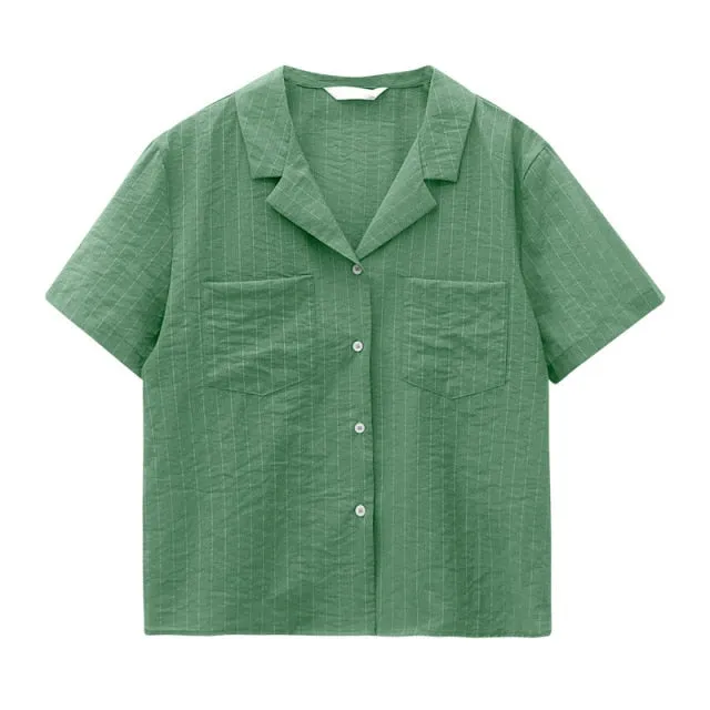 [Korean Style] 4 Colors Notched Collar Striped Shirts w/ Pockets