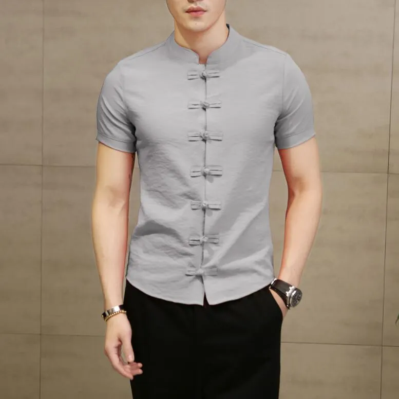 Kungfu Style Linen Men Short Sleeves Shirt with Chinese Button Knot Style