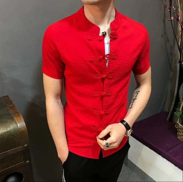 Kungfu Style Linen Men Short Sleeves Shirt with Chinese Button Knot Style