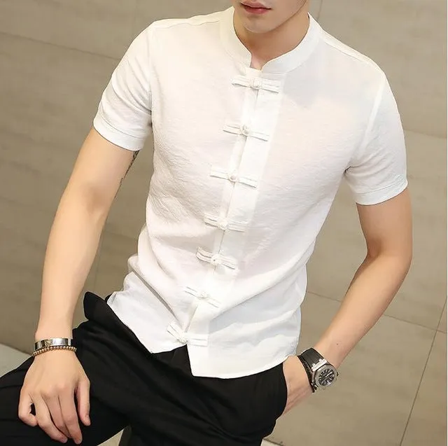 Kungfu Style Linen Men Short Sleeves Shirt with Chinese Button Knot Style