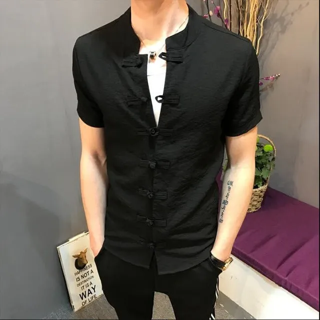 Kungfu Style Linen Men Short Sleeves Shirt with Chinese Button Knot Style