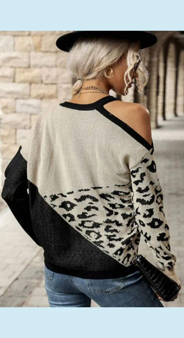 Leopard Color Block Cold-Shoulder Sweater