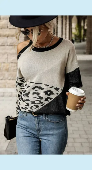 Leopard Color Block Cold-Shoulder Sweater