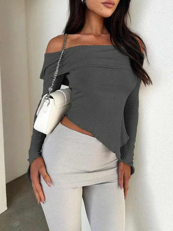 Long Sleeves Solid Color Off-The-Shoulder T-Shirts