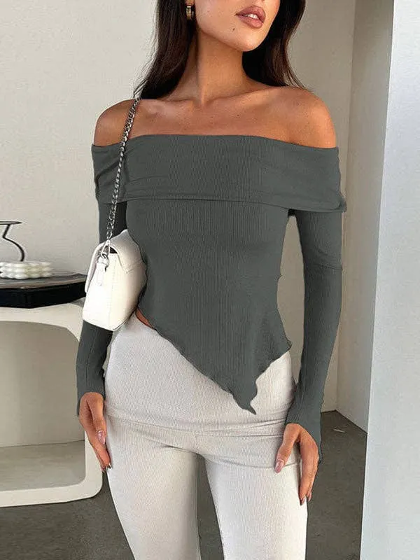 Long Sleeves Solid Color Off-The-Shoulder T-Shirts