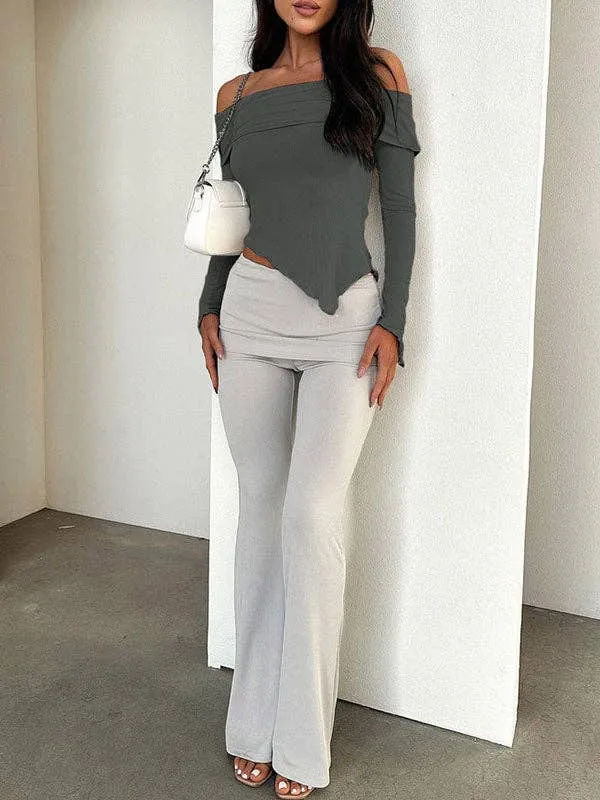 Long Sleeves Solid Color Off-The-Shoulder T-Shirts