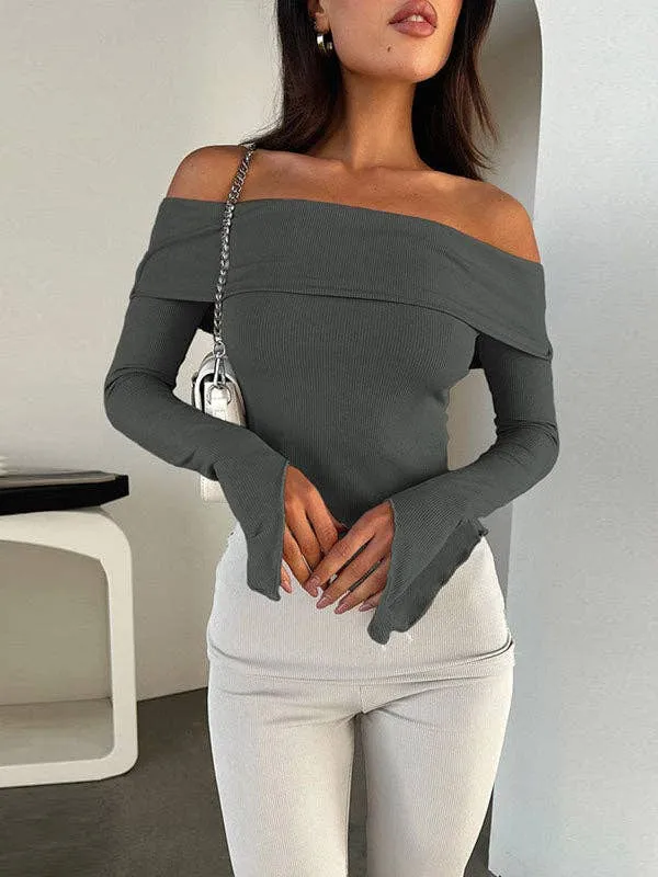 Long Sleeves Solid Color Off-The-Shoulder T-Shirts