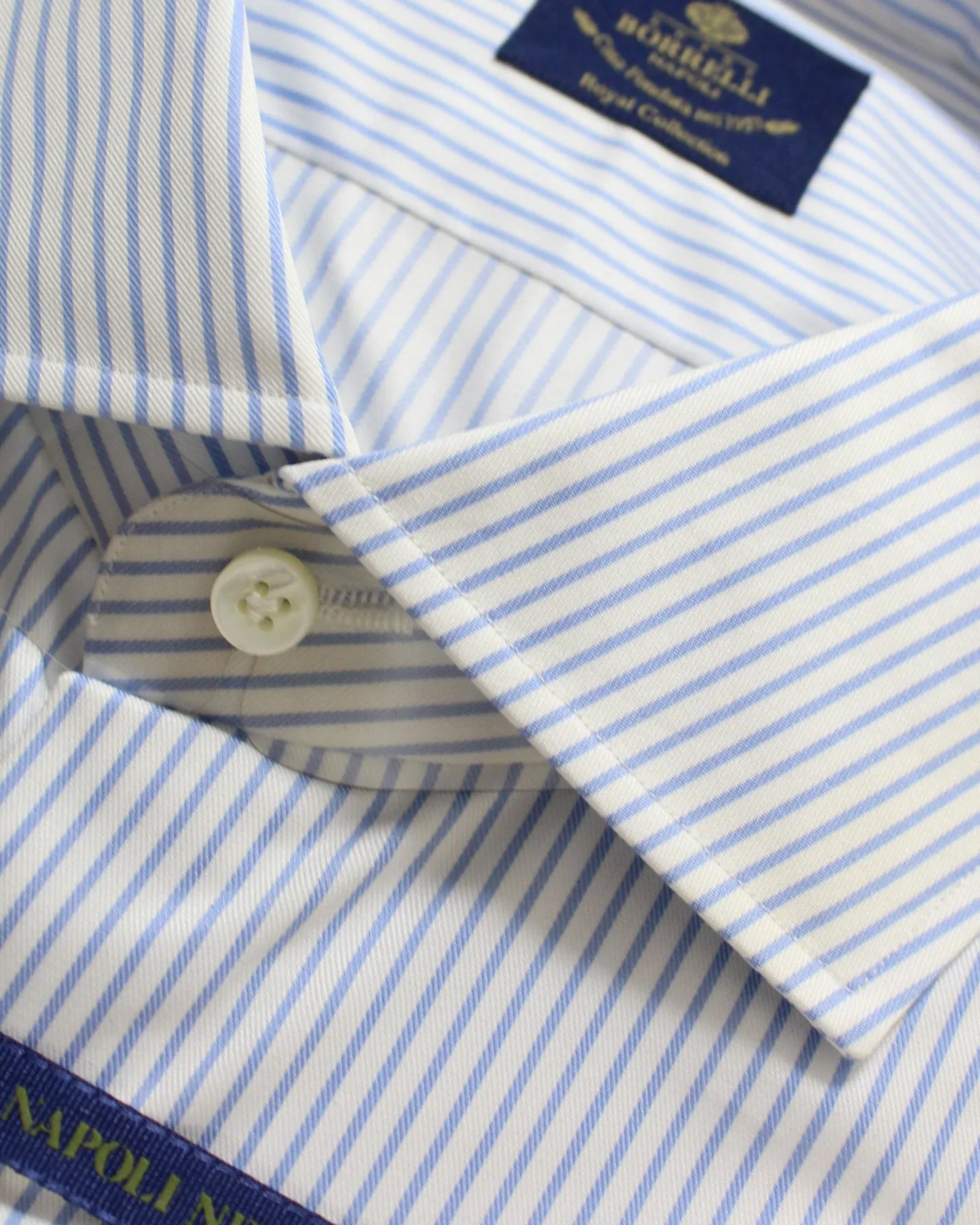 Luigi Borrelli Dress Shirt White Blue Stripes 44 - 17 1/2 Royal Collection