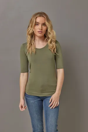 Majestic Elbow Sleeve Scoop Neck Tee in Kaki