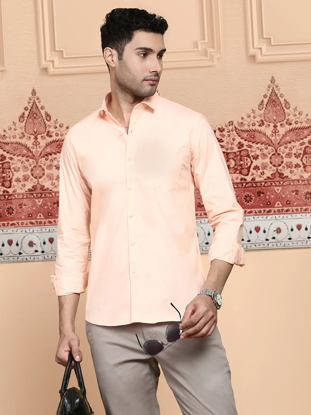 Men Cotton Spandex Shirt 2 Way Stretch Saffron LY7