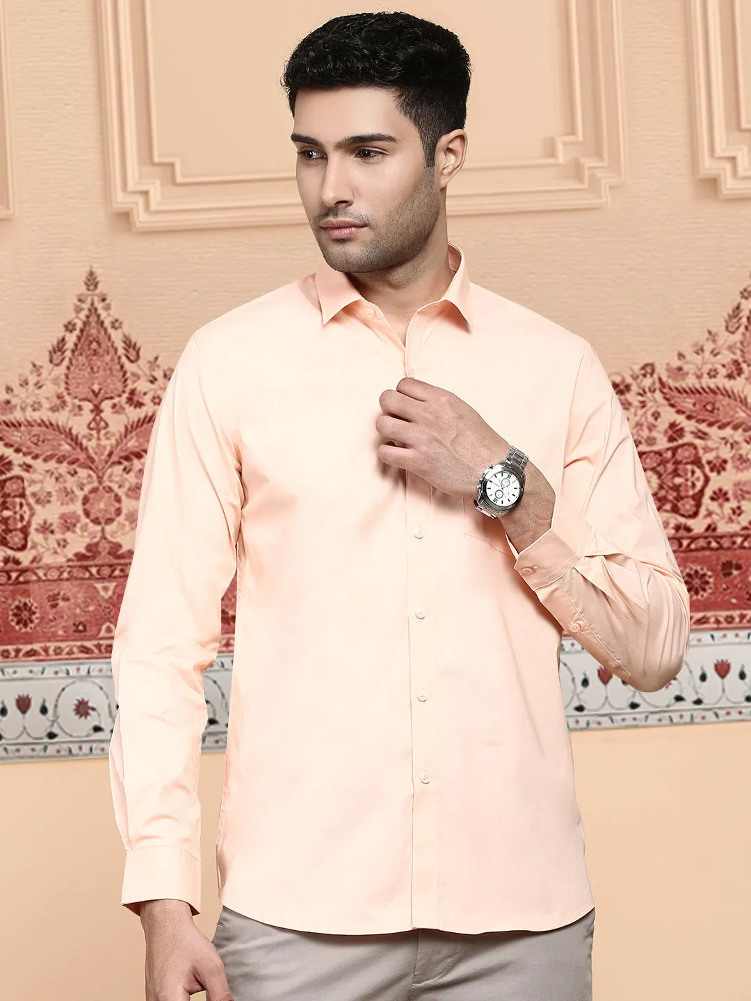 Men Cotton Spandex Shirt 2 Way Stretch Saffron LY7