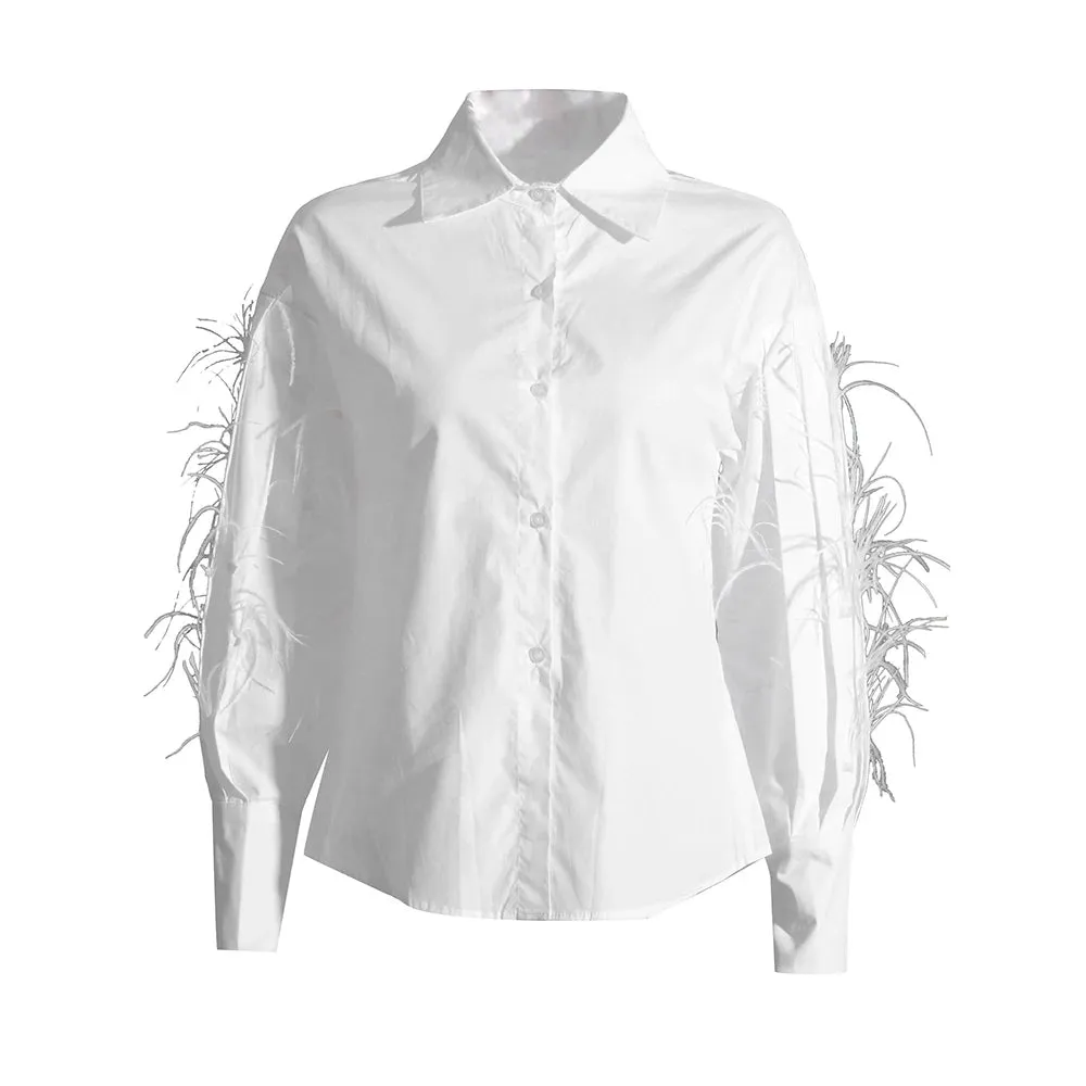 Minimalist Shirts For Women Lapel Long Sleeve Patchwork Feathers Casual Loose Blouse Female Fashion Style