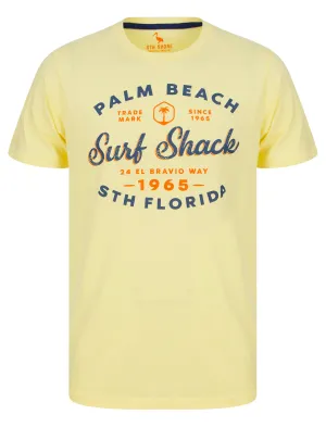 Palm Beach Motif Cotton Jersey T-Shirt in Pastel Yellow - South Shore