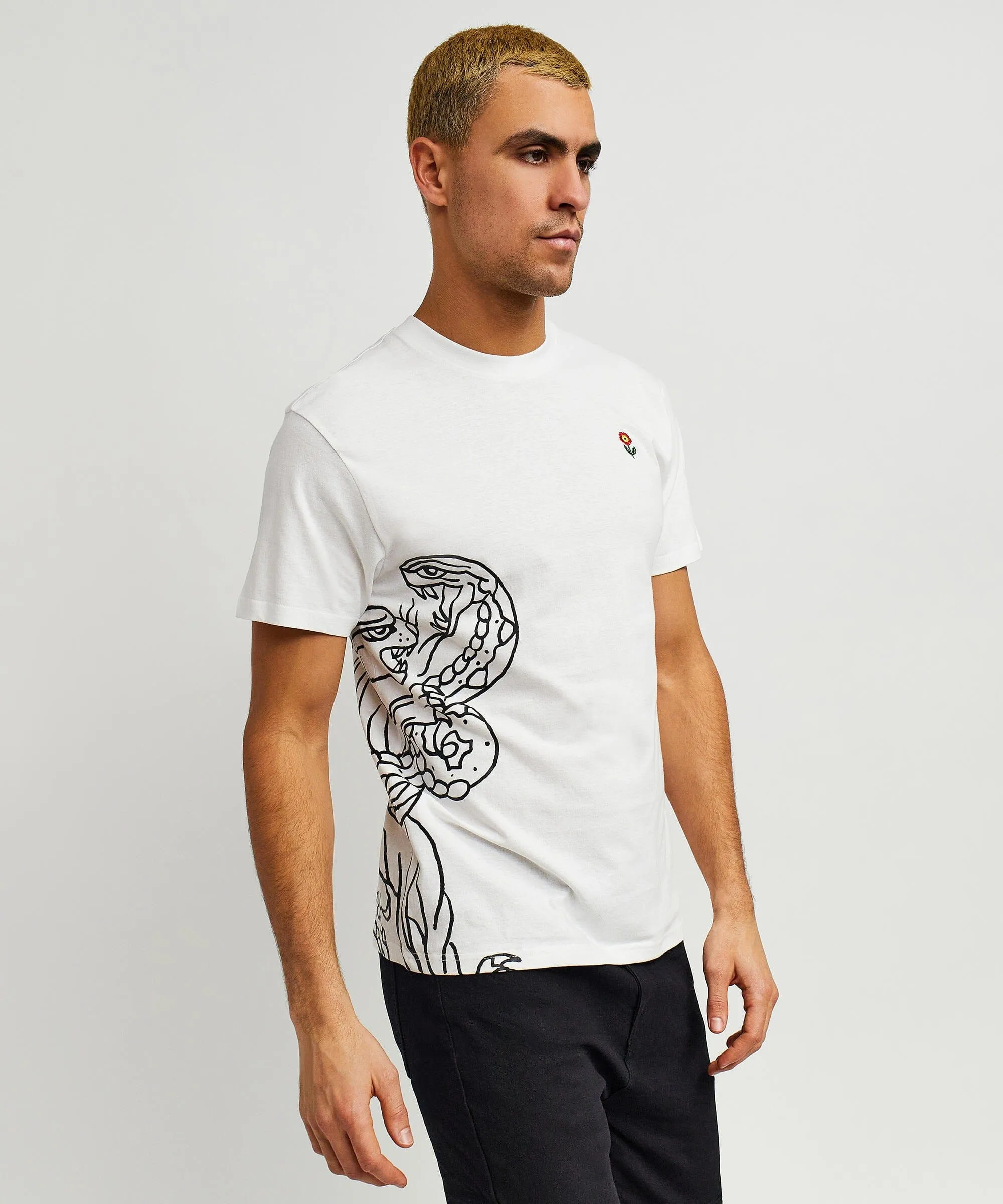 Panter Short Sleeve Graphic Print Embroidered Detail Tee - White