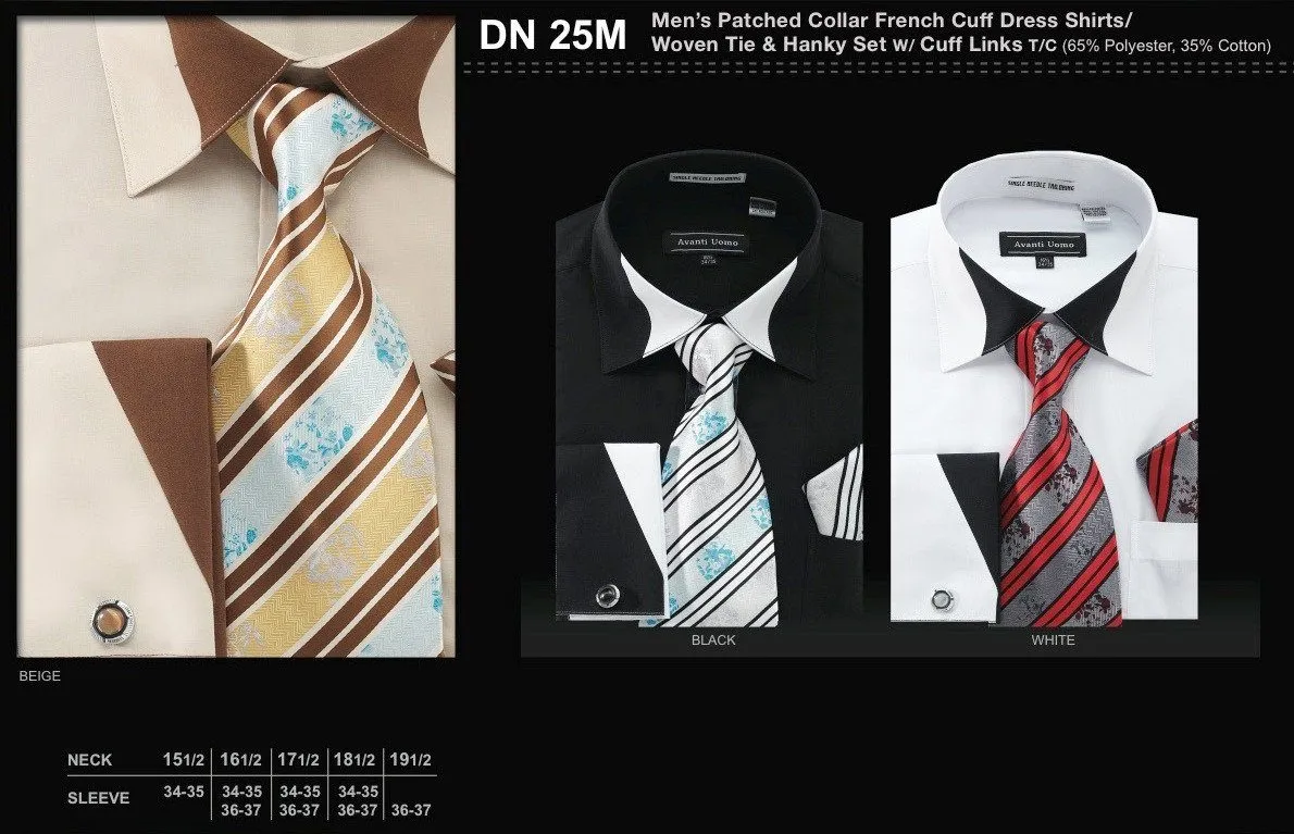 Patched Collar French Cuff Shirts with Tie, Hanky, Cuff Links