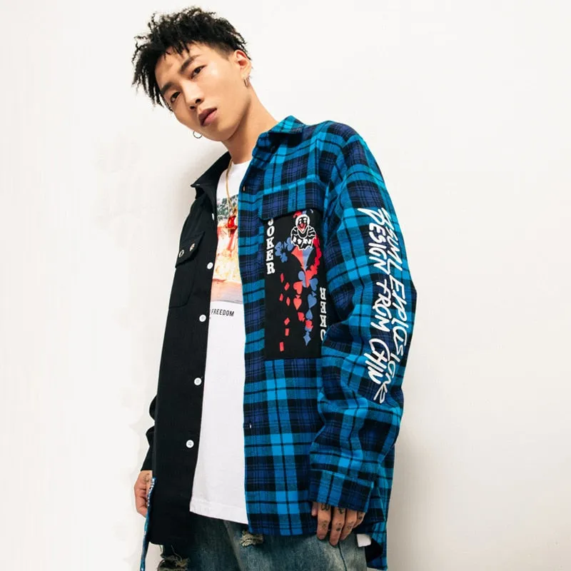 Plaid Shirts Patchwork Long Sleeve Shirt Punk Style Streetwear