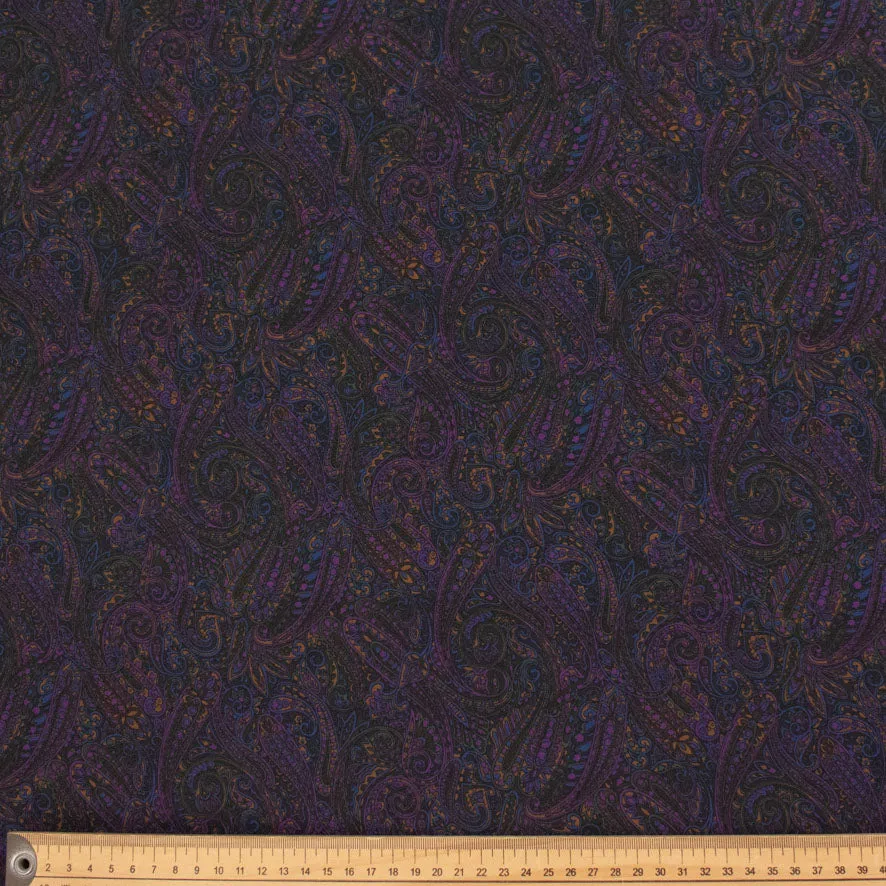 Purple Paisley on Black Printed Crepe