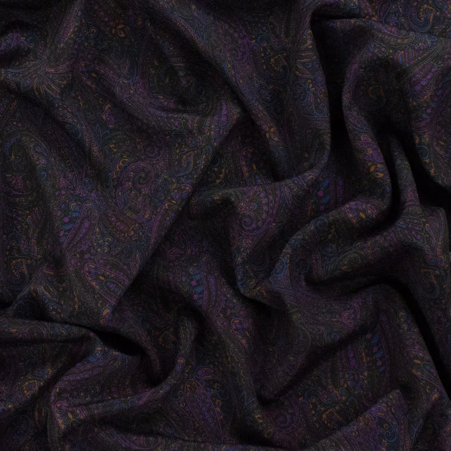 Purple Paisley on Black Printed Crepe