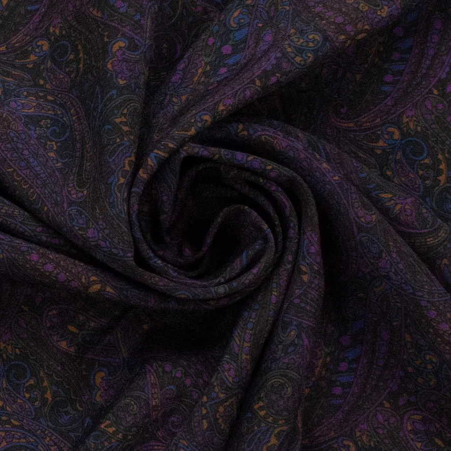 Purple Paisley on Black Printed Crepe