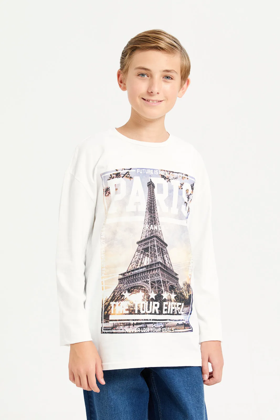 Senior Boys White Eiffel Tour Print Long Sleeves T-Shirt