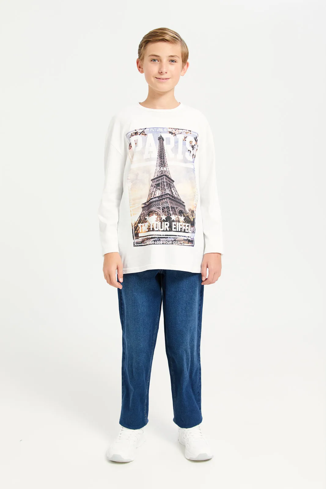 Senior Boys White Eiffel Tour Print Long Sleeves T-Shirt