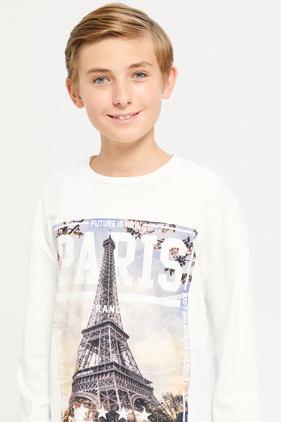 Senior Boys White Eiffel Tour Print Long Sleeves T-Shirt