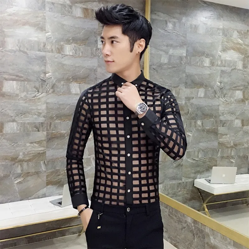 Sexy Plaid See Through Slim Fit Style Men Shirt