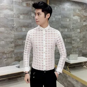 Sexy Plaid See Through Slim Fit Style Men Shirt