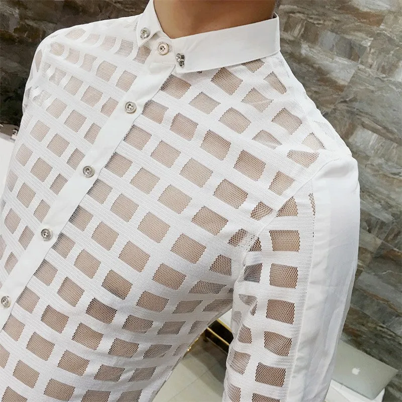 Sexy Plaid See Through Slim Fit Style Men Shirt