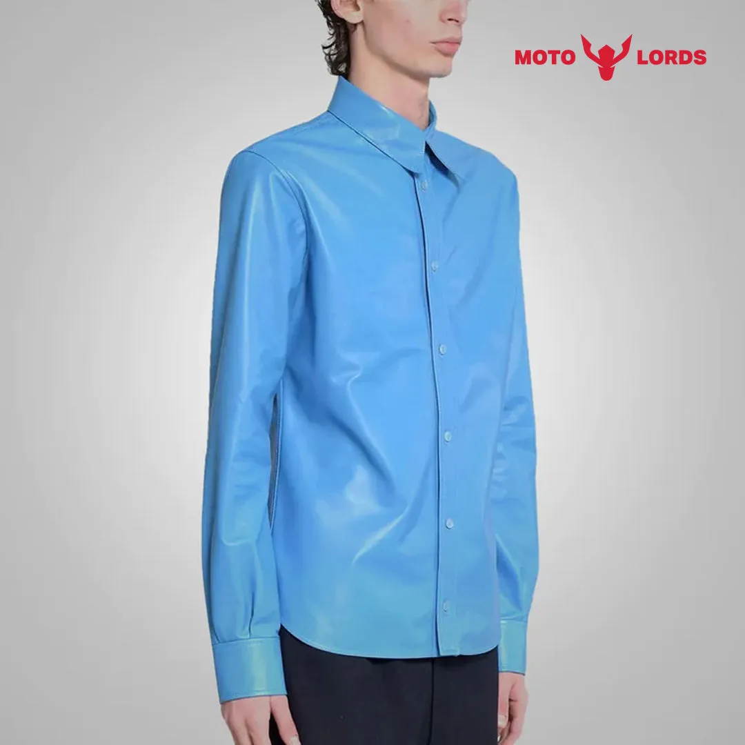 Sky Blue Lambskin Leather Shirt for Men | Sale 2024 Upto 30% Off